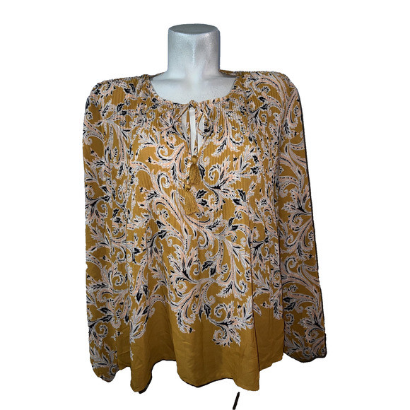 DR2 Tops - DR2 Top Size L Yellow Floral Accordion Pleats Long Sleeve Lightweight Blouse